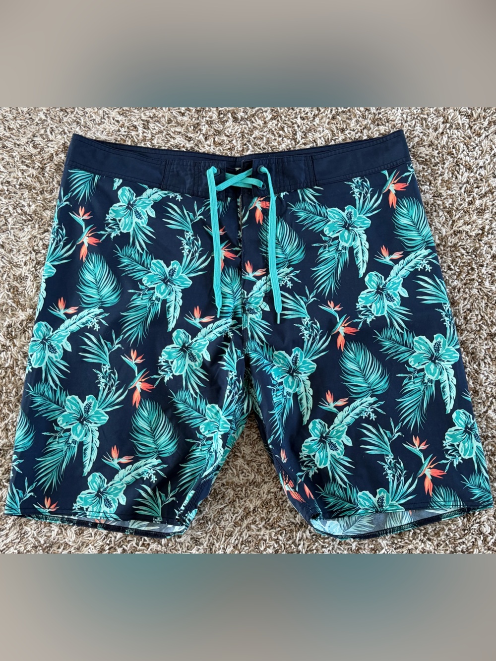 Old Navy Navy Swim Board Shorts with Teal Tropical Print